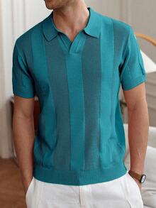 Manfinity Homme 男士条纹短袖半拉链休闲针织上衣 - 水鴨藍 - 查看 5