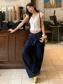 FRIFUL Áo sơ mi nữ dáng ôm, cài một hàng khuy, thêu rỗng, viền bèo nhún. - trắng - Xem 4