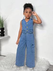 女童牛仔背心和裤子套装 - 中等水洗藍 - 查看 4