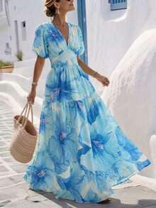 Selianne Damen Maxikleid mit mehrfarbigem Muster, geraffelte Schulterärmel, taillierter Bund, Patchwork-Design, elegantes hochwertiges Cocktail-Party-Geburtstaggeschenk, festliche Anlässe, Frühling/Sommer - Verschiedenfarbig - Übersicht 3