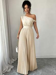 Modelyn Blue Pearl Decor Ruched Shoulder Jumpsuit For Women - Apricot - View 4