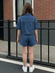 2pcs/Set Tween GirlsY2K Fashionable Loose Fit Cropped Denim Jacket + Wide-Leg Denim Shorts Set, Suitable For Daily Outings, Holidays, School, Commuting, Parties, Home, Festivals - Medium Wash - View 2