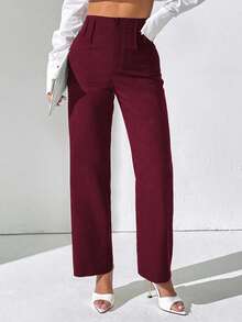 SHEIN PETITE Pantalón recto suelto de oficina de cintura alta de color liso y plisado para mujer - Burdeos - Ver 4