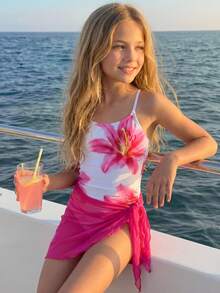 SHEIN 少女碎花印花吊带泳衣和迷你裙套装，适合海滩度假、泳池派对、沙滩派对 - 紅白色 - 查看 5