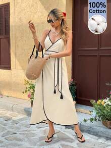 SHEIN Frenchy Đầm hai dây buộc eo kiểu dáng thường ngày dành cho nữ, thích hợp cho kỳ nghỉ. - Màu be - Xem 6