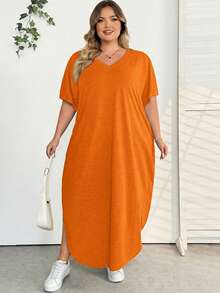 SHEIN CURVE+ Plus Size Women's Spring/Summer New Fashion Commuter Casual Pocket Design Split Robe - Orange - View 8