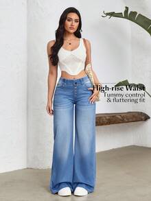 Flexra Quần jeans ống loe nữ đa năng, thoải mái, có túi, thích hợp mặc hàng ngày. - Màu xanh lam - Xem 6