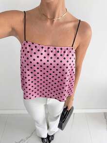 Siren Gaze 女士波点印花细肩带露背抽绳不对称下摆垂褶吊带衫 - 粉色 - 查看 5