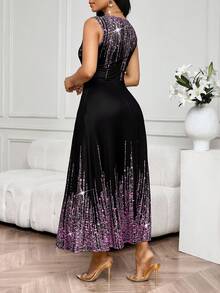 SHEIN Lady 女式闪亮印花圆领无袖优雅连衣裙 - 彩色 - 查看 2