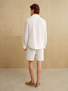 MENRIVO 2 件男士白色长袖单排扣衬衫和抽绳腰短裤休闲套装，秋季服装 - 白色 - 查看 6