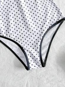 SHEIN Áo tắm liền thân dệt kim chấm bi đen trắng dành cho bé gái tuổi teen, thích hợp cho kỳ nghỉ. - Đen và trắng - Xem 5
