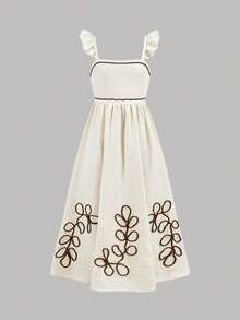 SHEIN Tween Girls Woven Embroidered Square Neck Cap Sleeve Maxi Dress, Summer Floral Dress, Mommy And Me Matching Outfit - Khaki - View 7