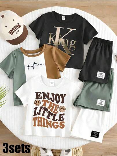 Bộ 6 món đồ dùng cho bé trai sơ sinh/trẻ nhỏ, phong cách thường ngày, sáng tạo, cá tính, tối giản, họa tiết hoạt hình dễ thương, áo thun và quần short phối màu, thoải mái khi mặc hàng ngày, kiểu dáng mùa hè ấm áp, phù hợp cho mùa xuân/hè.