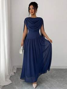 Modelyn Petite Women's Solid Color Plunging Neckline Flowy Dress,Summer Dresses For Women - Blue - View 7