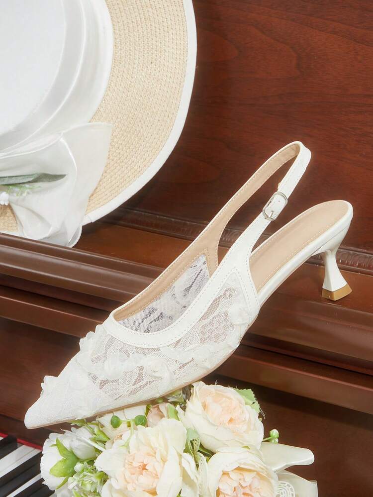 CUCCOO HITCHD Women Shoes Women's New White Lace Lace Slingback Shoes Pointed Thin Heel Temperament High Heels