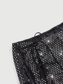 ROMWE Short mini à franges pailletées ultra taille basse avec laçage sexy rétro Y2K, convient pour l'été, la plage, la cérémonie de remise des diplômes, Pâques, les concerts, les vacances, les fêtes, le punk de rue, les festivals de musique et autres occasions - Noir - Voir 11