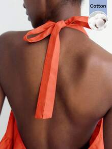 Maija Neck Tie Backless Ruffle Hem Loose Blouse, Urban Style For Women In Autumn - Orange - View 3