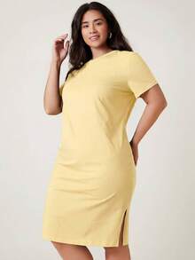 SHEIN BASICS 加大码开衩下摆纯色T恤休闲晚餐约会连衣裙 - 淡黃色 - 查看 5