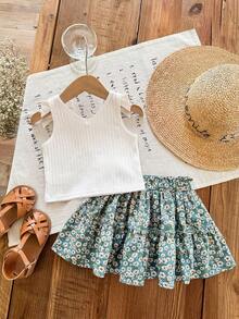 SHEIN LMoss Kids Young Girl Young Girl Knit Solid Color Camisole + Printed Chiffon Mini Skirt 2 Pieces Set - Green - View 2