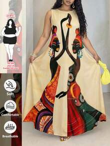 SHEIN CURVE+ 尺码 US22 大码女式无袖印花连衣裙，适合音乐节、海滨度假、波西米亚风等各种场合，夏季、假日、秋冬皆宜，尺码齐全。 - 彩色 - 查看 1