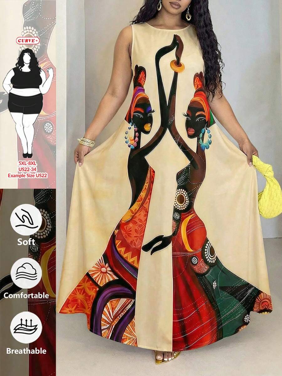 SHEIN CURVE+ 尺码 US22 大码女式无袖印花连衣裙，适合音乐节、海滨度假、波西米亚风等各种场合，夏季、假日、秋冬皆宜，尺码齐全。 - 彩色 - 查看 1