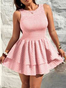 Sunnyshic Fashionable Minimalist Spring/Summer New Versatile Round Neck Red Plaid Gentle Elegant Fitted Waist Sleeveless Dress - Pink - View 6