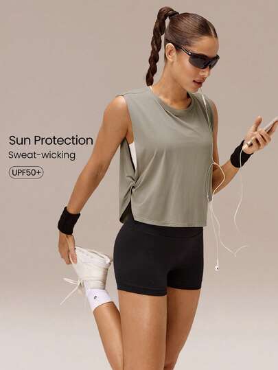 GLOWMODE Sunny Sprints Regular Fit Waist Length Sun-Protective Seamless Twisted Sides Running Muscle Tank Jogging Workout Gym Fitness Active Wear