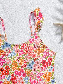 SHEIN Bộ đồ bơi liền thân gợi cảm, sành điệu dành cho bé gái tuổi teen, thiết kế dây đeo và chân váy họa tiết hoa, in hình sinh vật biển, thích hợp cho kỳ nghỉ, bơi lội và đi biển mùa hè. - Nhiều màu - Xem 3
