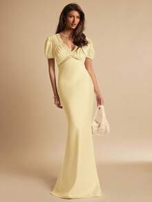 SHEIN BAE 杏色V领短袖露背缎面蕾丝拼接优雅连衣裙，适合婚礼宾客、早午餐、社交场合、夏季、约会、生日派对等场合穿着。 - 黃色 - 查看 3