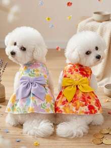 PETSIN 1pc Colorful Small Flowers And Red And Yellow Chrysanthemums With Bow Print Pet Dress, Gentle And Breathable Summer Vacation Style Sleeveless Pet Clothing - Multicolor - View 1