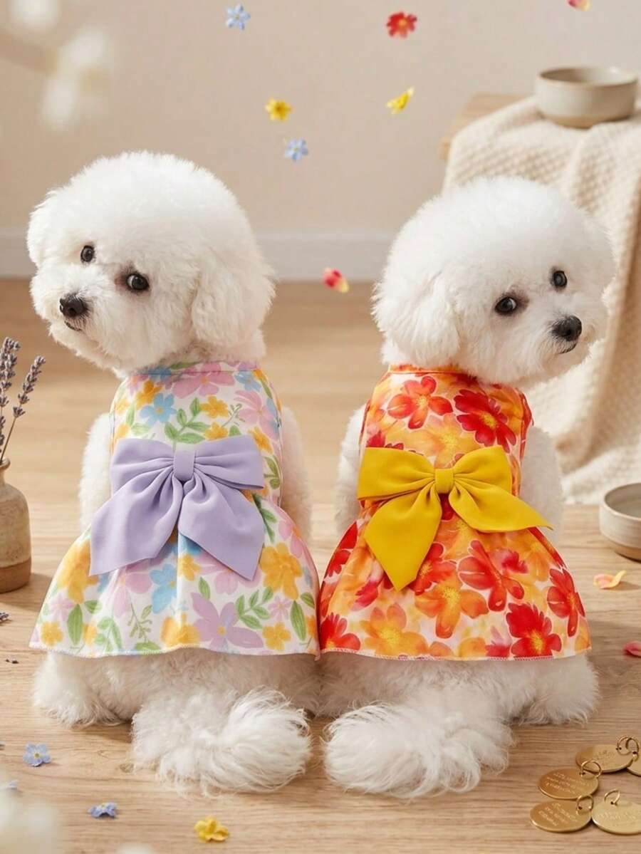 PETSIN 1pc Colorful Small Flowers And Red And Yellow Chrysanthemums With Bow Print Pet Dress, Gentle And Breathable Summer Vacation Style Sleeveless Pet Clothing - Multicolor - View 1