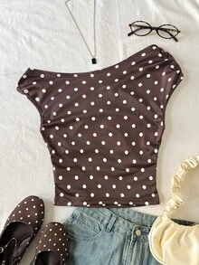 Áo croptop dệt kim màu trắng dành cho nữ tuổi teen, kiểu dáng tối giản, họa tiết chấm bi, dáng bất đối xứng, xếp ly, thích hợp cho mùa xuân/hè, phong cách thường ngày, cá tính. - màu nâu - Xem 2