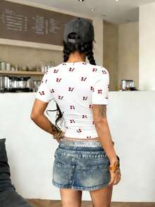 Flirla Cherry Tee For Women, Cute Baby Tee, Fitted T-Shirts Women's Y2K With Print, All Over Holiday White Summer - White - View 2