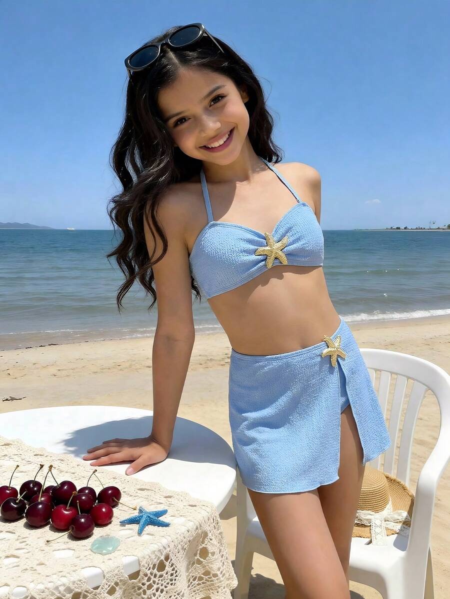 SHEIN Tween Girl Casual Beach 3-Piece Bikini Set Set, Textured Metallic Star Decor Strapless & Bandeau Bikini, Sweet Sky Blue - Baby Blue - View 1
