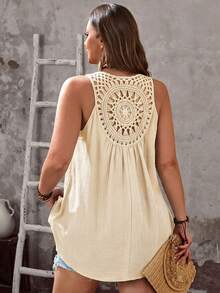EMERY ROSE Plus Size Women Lace Patchwork 100% Pure Cotton Tank Top,White,Summer,Boho,Vacation,Holiday Business Casual Front Short Back Long Blouses Daily Wear - Khaki - View 5