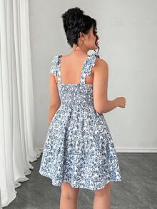 SHEIN Elenzya Plus Size Women's Tie-Strap Printed Knee-Length Vacation Dress, Elegant Casual Dress, Spring/Summer Dress, Collegiate Style Dress - Blue - View 2