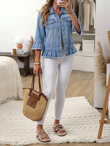 EMERY ROSE Women's Bell Sleeve Single-Breasted Ruffle Hem Casual Denim Jacket - Blue - View 5