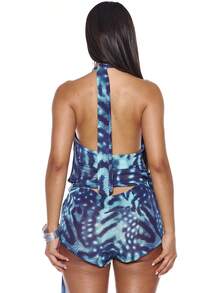 MUSERA Trim Detail Printed Deep Cowl Drape Tie Side Top Only Sexy Summer Spring Rave Festival Holiday Vacation Party Going Out Tripp - Blue - View 2