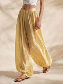 Easelle Quần ống rộng màu trơn dáng suông dành cho nữ, quần boho mùa hè, quần vải lanh màu vàng dự tiệc, quần harem cho nữ. - Màu vàng - Xem 3