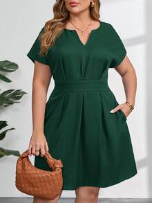 SHEIN Clasi 大码纯色V领系带优雅夏季连衣裙 - 墨綠色 - 查看 7