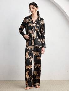 Ocili 时尚休闲 INS 品质仿丝黑色豹纹宽松女式睡衣套装 - 彩色 - 查看 4