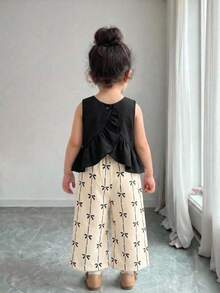 KIDS KIDS Baby Girl Woven Ruffle Back Cross Design Casual Shirt With Woven Sweet Cute Bow Striped Print Loose Long Pants Set Black And White - Black and White - View 4