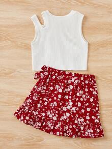 SHEIN 少女休闲舒适纯色背心搭配碎花迷你裙两件套 - 紅色 - 查看 2