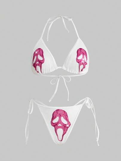 ROMWE Bộ đồ lót nữ không gọng, buộc dây, đính đá hình đầu lâu phong cách Gothic.