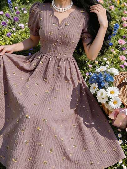 Feyla 女士优雅碎花花瓣袖连衣裙
