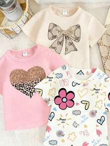 Elladie kids Bộ 6 món cho bé gái, kiểu dáng thường ngày, thời trang, sáng tạo, tươi mới, dễ thương với họa tiết kẻ caro, nơ, da báo, hoa, lấp lánh, trái tim, hoa, sao, bướm, mặt trời, gồm áo thun ngắn và quần legging, thoải mái khi mặc hàng ngày, phong cách mùa hè và mùa thu ấm áp, phù hợp cho mùa xuân, hè và thu. - Nhiều màu - Xem 4