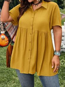 EMERY ROSE Zanzea Plus Size Short Sleeve Mustard Yellow Button-Up Shirt, Casual Summer Boho Hiking Vacation Blouse For Women With Longer Back, Festival - Yellow - View 5