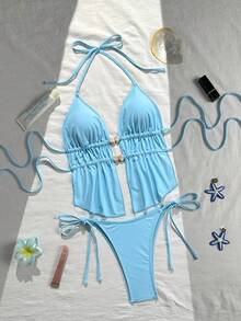 Bonvoyette Áo hai dây màu xanh dương dành cho nữ, kiểu dáng gợi cảm, thích hợp cho kỳ nghỉ biển hoặc bikini. - Màu xanh lam - Xem 4
