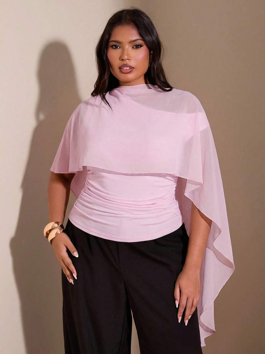 SHEIN BAE Áo kiểu dáng ôm vừa vặn, thiết kế bèo nhún bất đối xứng vai, cỡ lớn. - Màu Hồng baby - Xem 1