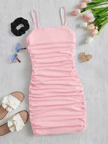 SHEIN 1pc Ruched Camisole Dress With 1pc Hair Scrunchie For Teens - Pink - View 7